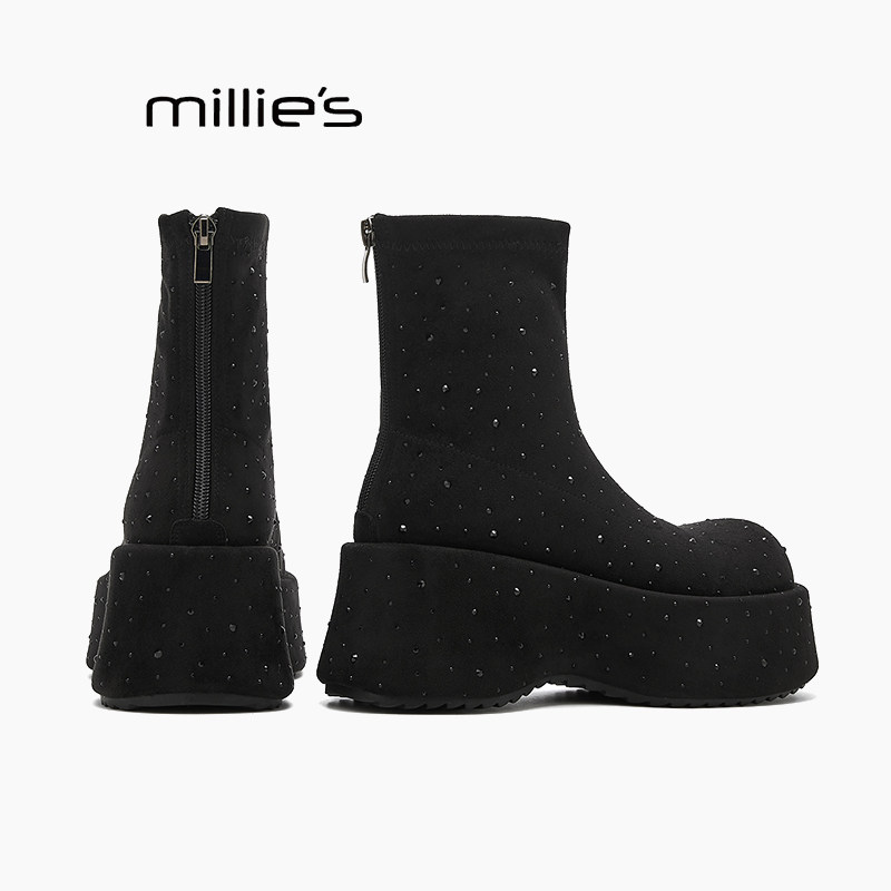 MILLIE'S/妙丽粗跟圆头韩版字母日常百搭加绒保暖增高时装靴冬季,女鞋,时装靴,淘宝优惠券,粉丝福利购,淘宝优惠卷