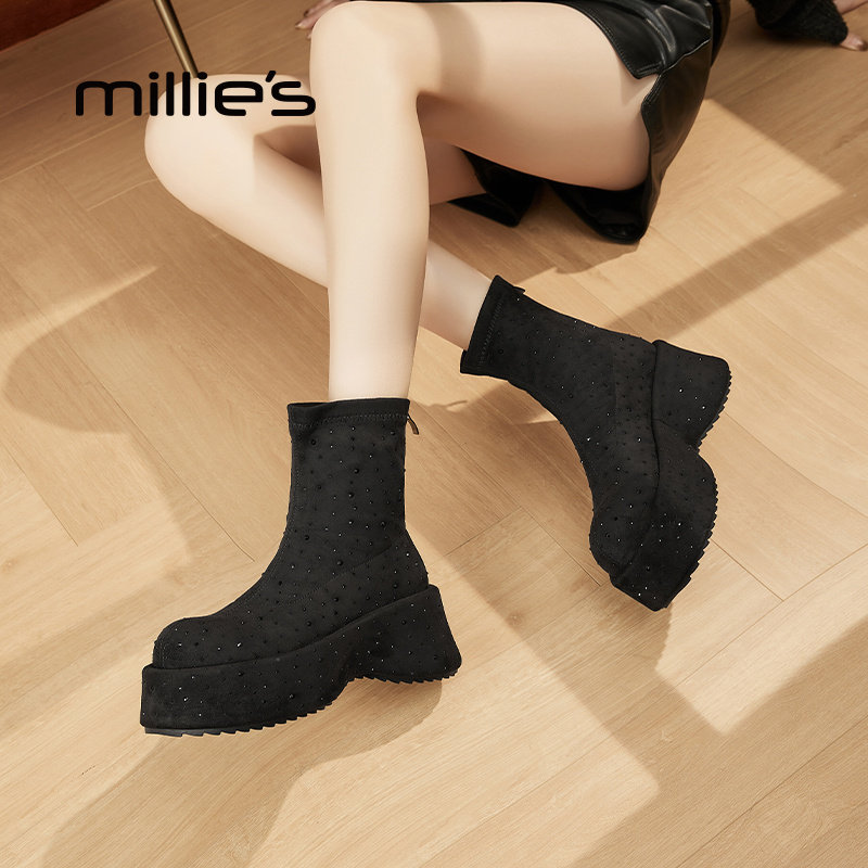 MILLIE'S/妙丽真皮厚底短靴女
