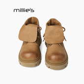MILLIE 妙丽真皮马丁靴翻盖两穿厚底增高粗跟气质短靴及裸靴女Z