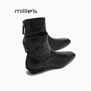 轻奢真皮方头短靴女秋冬切尔西靴侧拉链瘦瘦靴Z 妙丽法式 MILLIE