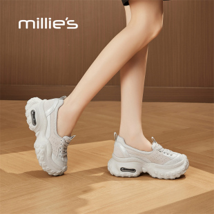新款 妙丽2025春季 厚底老爹鞋 女鞋 MILLIE 网面透气内增高运动鞋