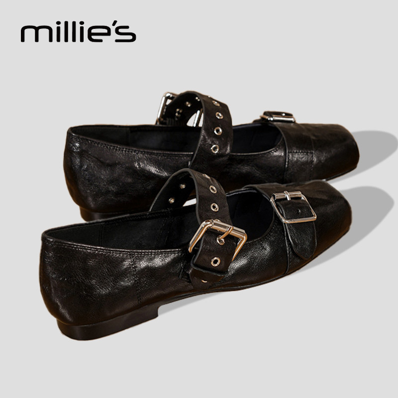 妙丽官方旗舰店2026新款芭蕾风玛丽珍鞋真皮浅口方头皮带扣女雨鞋