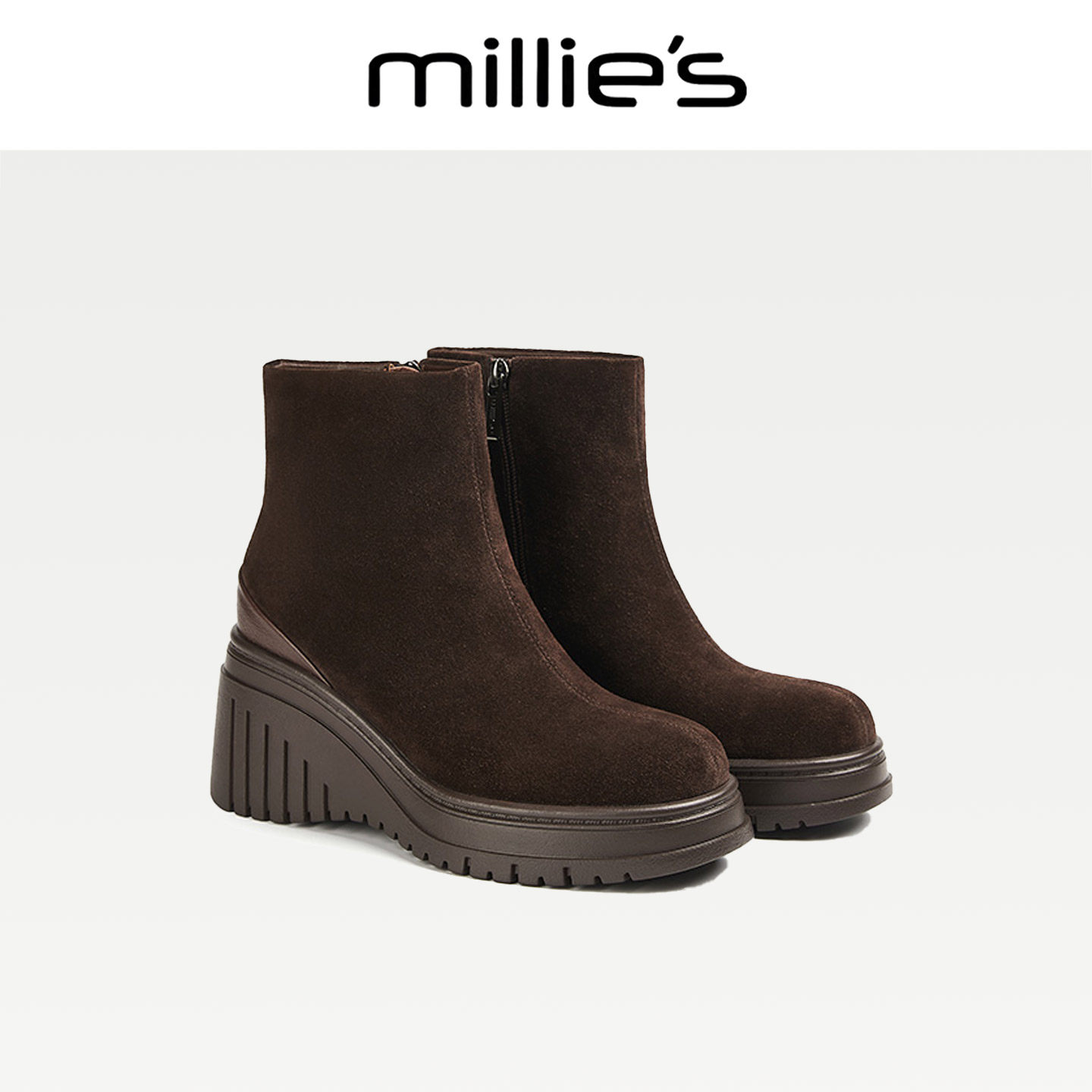 MILLIE'S/妙丽坡跟鞋保暖短靴冬季正品加厚真皮套筒袜靴弹力靴CZ