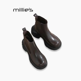 MILLIE 妙丽街头秋冬厚底粗跟真皮大头皮靴切尔西靴短靴马丁靴Q