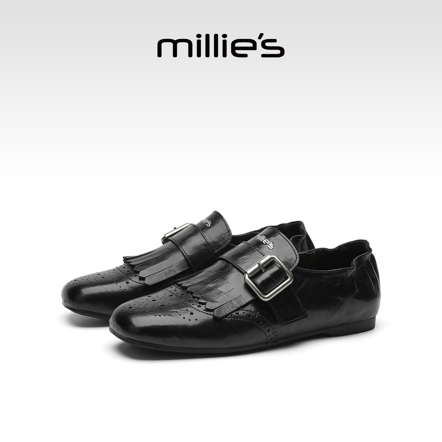 MILLIE'S/妙丽布洛克风黑色皮带扣玛丽珍鞋女2025新款平底小皮鞋Q,女鞋,老爹鞋,淘宝优惠券,粉丝福利购,淘宝优惠卷