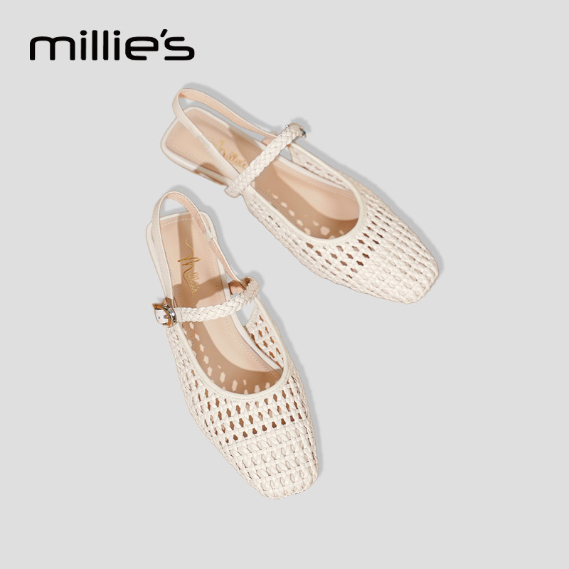 MILLIE'S/妙丽编织镂空玛丽珍鞋女2026夏季新款平底包头凉鞋外穿P