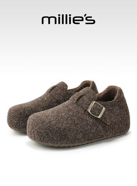 MILLIE'S/妙丽毛毛鞋女2025冬季新款加绒保暖勃肯鞋金属扣灰色Q