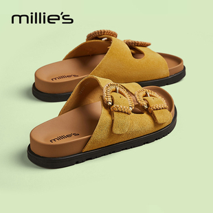 妙丽官方旗舰店真皮一脚蹬厚底勃肯拖鞋女款2026夏季新款外穿凉拖