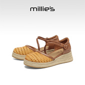 女真皮罗马凉鞋 妙丽官方旗舰店2026新款 编织包头麻绳厚底坡跟凉鞋