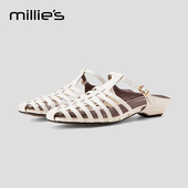 女2026夏季 新款 小跟鞋 妙丽官方旗舰店真皮镂空透气凉鞋 外穿罗马鞋