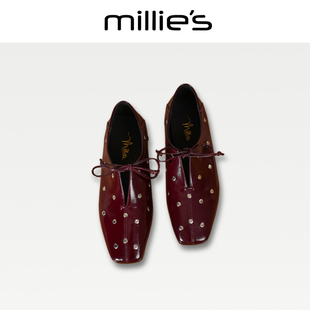 MILLIE'S/妙丽2026新款女鞋方头内增高小皮鞋铆钉复古乐福鞋女CQ