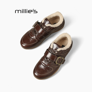 秋冬季 妙丽女鞋 新款 平底真皮休闲鞋 子Z MILLIE 百搭加绒保暖女鞋