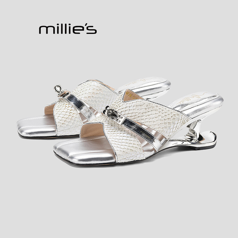 MILLIE'S/妙丽银色蛇纹交叉带罗马凉鞋女2026夏季中跟露