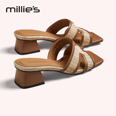 妙丽官方旗舰店2026夏季 女 小香风粗高跟外穿一字带凉拖鞋 新款 法式