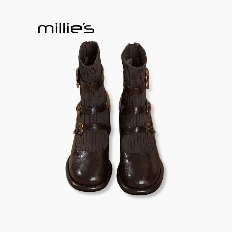 MILLIE'S/妙丽弹力靴皮带扣时尚粗跟后拉链方头短靴子高跟马丁靴Q