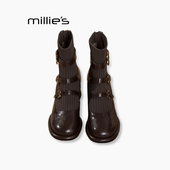 妙丽弹力靴皮带扣时尚 MILLIE 粗跟后拉链方头短靴子高跟马丁靴Q