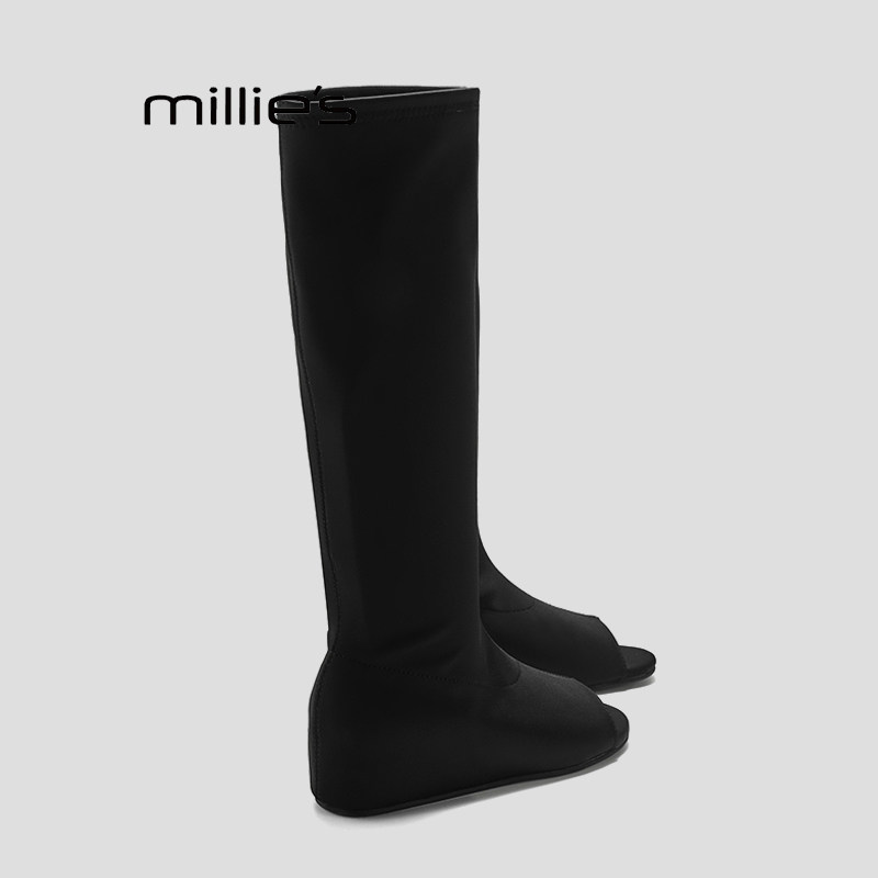 MILLIE'S/妙丽弹力靴夏季巨好看女长筒显瘦凉靴露趾高筒镂空凉鞋P