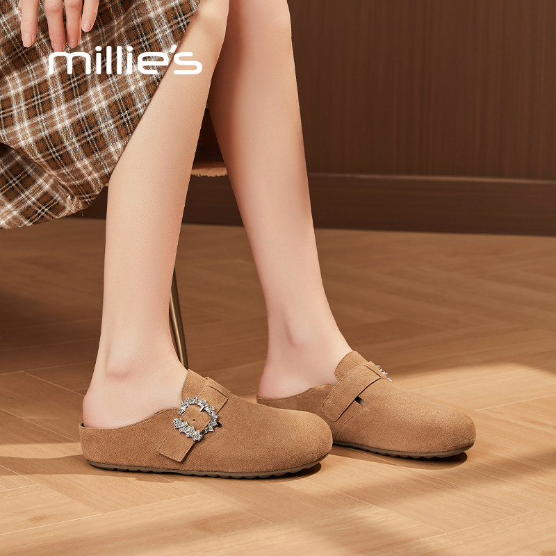 MILLIE'S/妙丽真皮勃肯鞋女水钻懒人一脚蹬包头半拖鞋百搭豆豆鞋Z,女鞋,乐福鞋（豆豆鞋）,淘宝优惠券,粉丝福利购,淘宝优惠卷