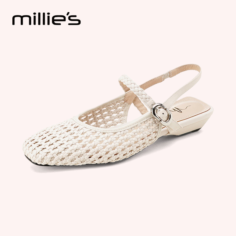 MILLIE'S/妙丽法式镂空编织包头凉鞋女夏季一字扣带平底洞洞鞋