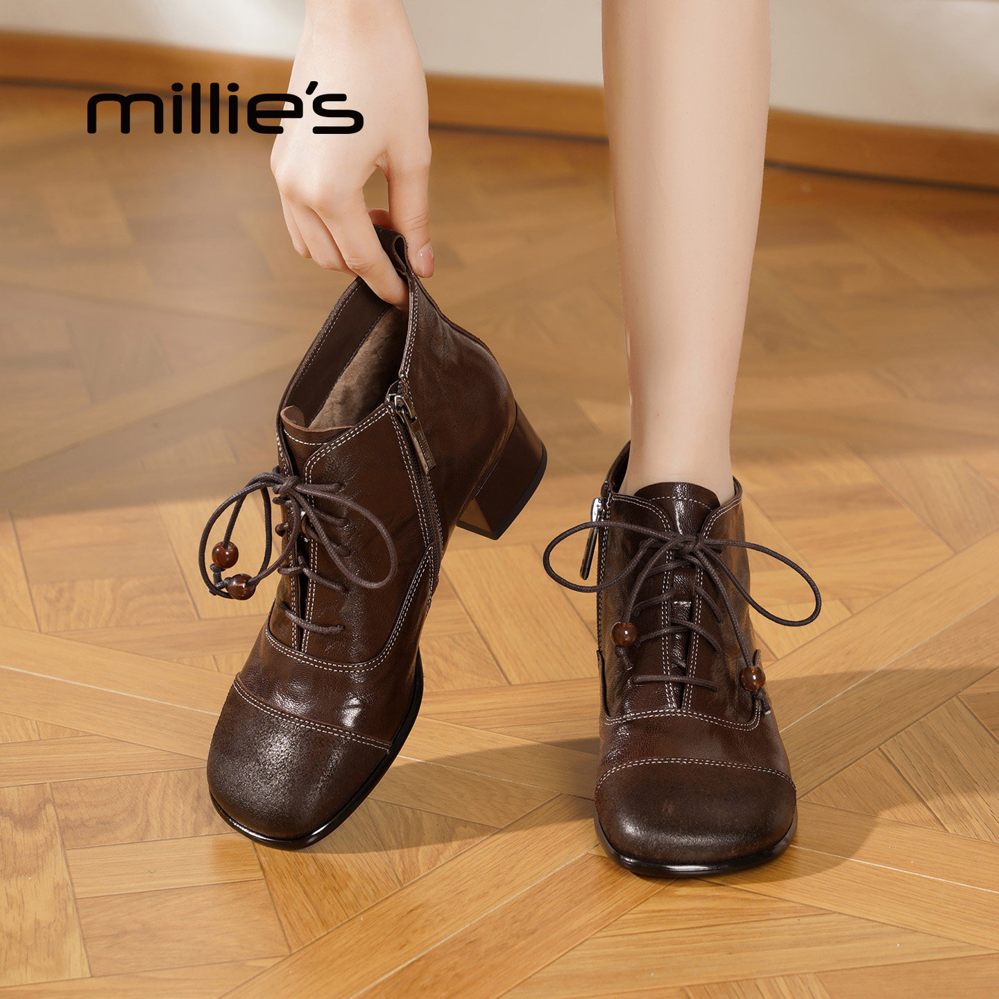 MILLIE'S/妙丽粗跟短靴女2026新款秋冬款高跟瘦瘦靴子马丁靴女鞋Q