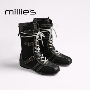 新款 MILLIE 女2025年秋季 妙丽复古风休闲鞋 系带骑士短靴西部靴Z