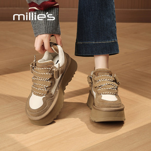 MILLIE'S/妙丽复古系带小皮鞋女2026新款秋冬款方头粗跟乐福鞋Q