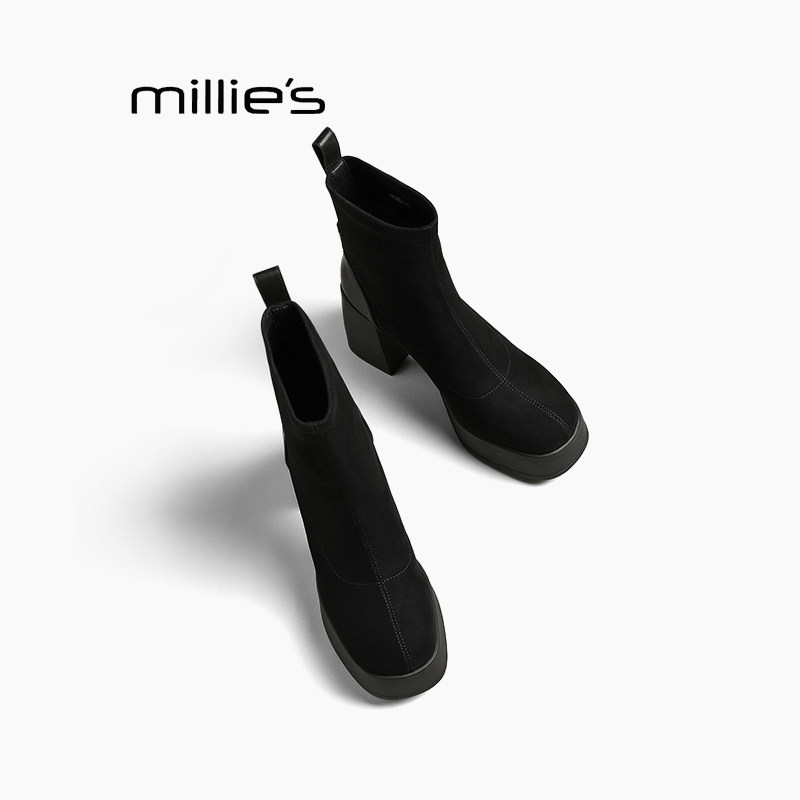 MILLIE'S/妙丽高跟厚底瘦瘦靴秋冬新款靴子百搭粗跟防水台短靴女Z