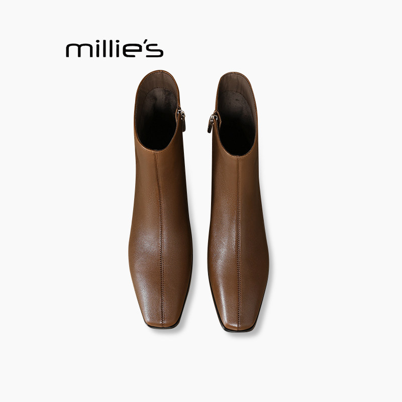 妙丽法式后拉链真皮短靴巨好看