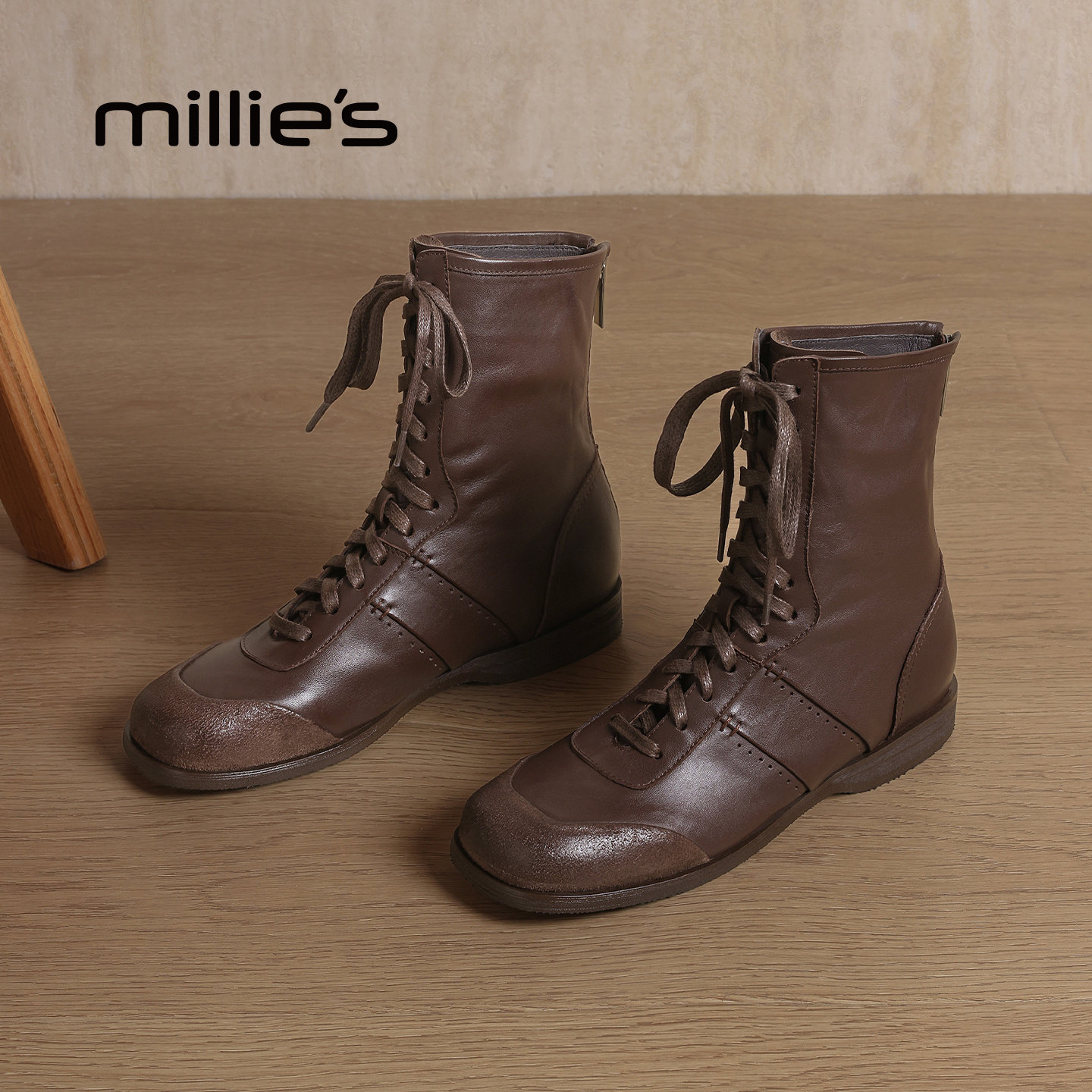 MILLIE'S/妙丽真皮系带小短靴