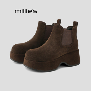 MILLIE 妙丽厚底切尔西短靴女棕色磨砂皮松紧带增高复古靴子Z