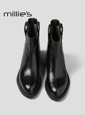 MILLIE'S/妙丽2025新款黑色真皮切尔西靴女短靴后拉链瘦瘦靴Z