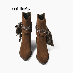 尖头粗跟麂皮短靴时尚 妙丽欧美风格 新款 显瘦Z 堆堆靴秋季 MILLIE
