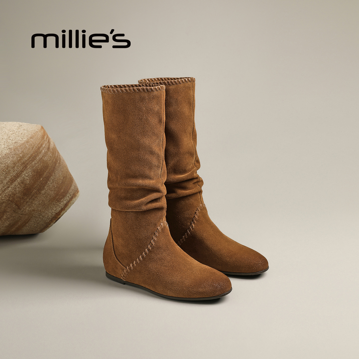 MILLIE'S/妙丽真皮尖头骑士靴