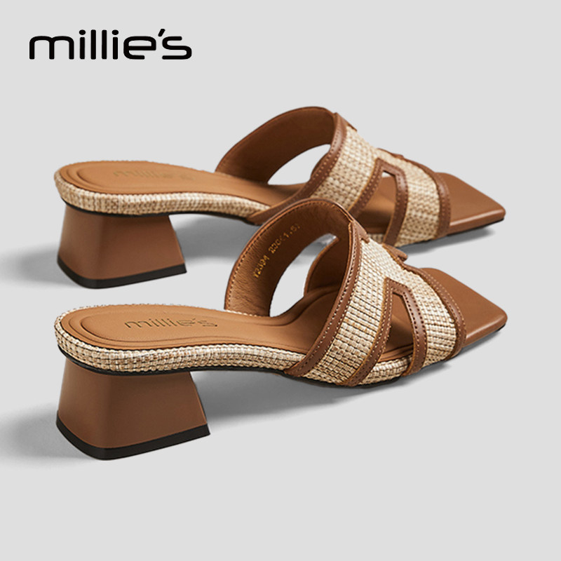 妙丽官方旗舰店方头粗跟拼色设计感时尚休闲百搭一字扣带凉鞋女鞋,女鞋,婚鞋,淘宝优惠券,粉丝福利购,淘宝优惠卷