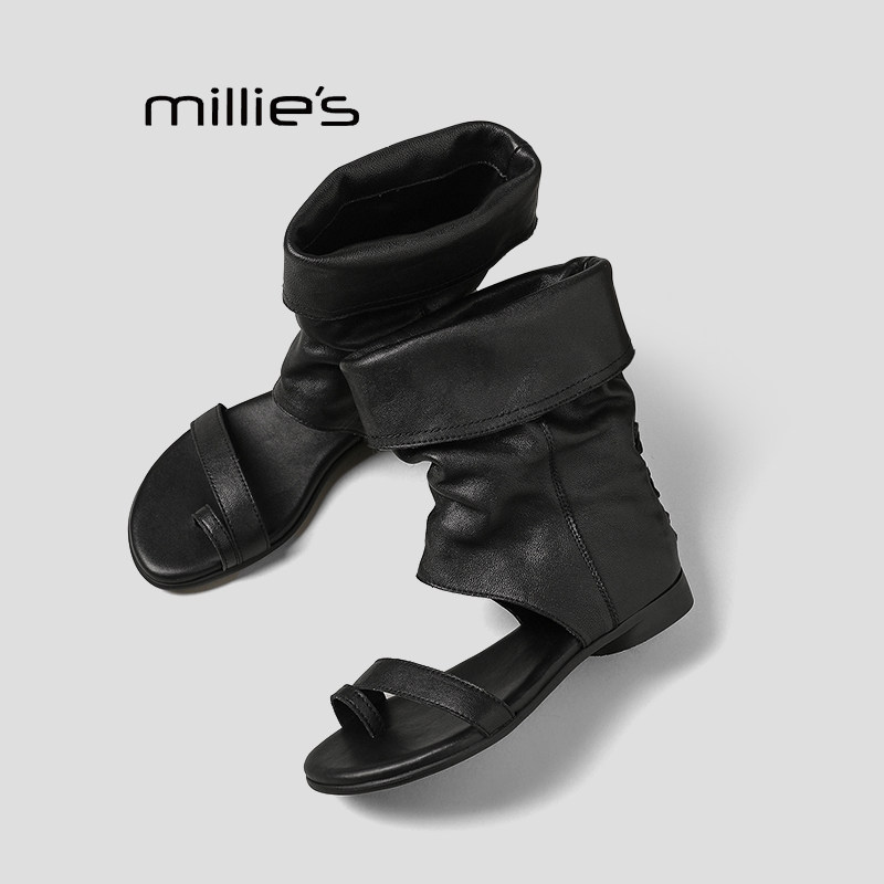 MILLIE'S/妙丽复古堆堆凉靴女巨好看夏季平底露趾女凉鞋褶皱短靴P
