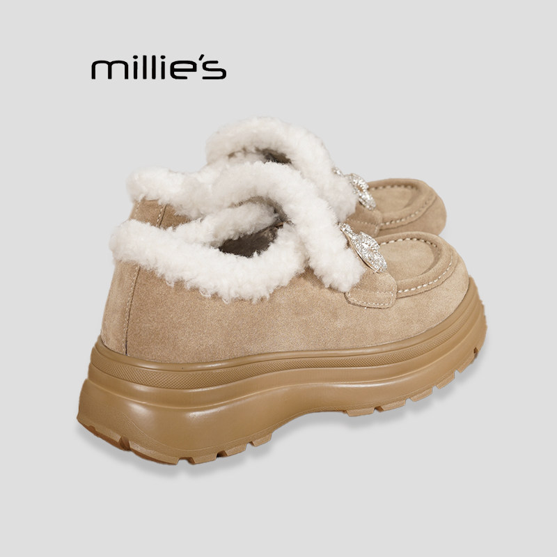 MILLIE'S/妙丽女鞋加绒保暖一脚蹬豆豆鞋冬季新款复古勃肯毛毛鞋Q,女鞋,时尚休闲鞋,淘宝优惠券,粉丝福利购,淘宝优惠卷