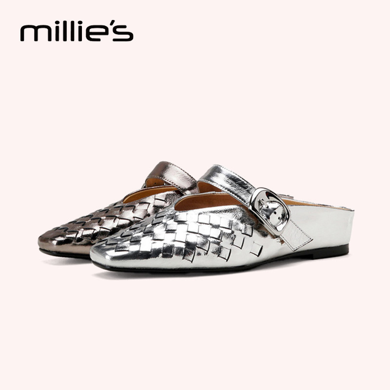 MILLIE'S/妙丽真皮方头休闲拖鞋