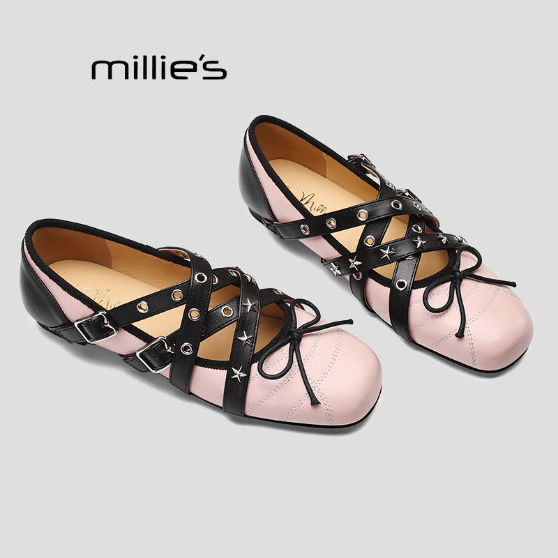 MILLIE'S/妙丽法式小香风交叉带玛丽珍蝴蝶结铆钉芭蕾舞单鞋子女Q,女鞋,深口单鞋,淘宝优惠券,粉丝福利购,淘宝优惠卷