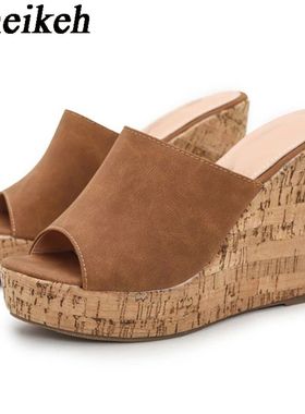Aneikeh Fashion Sexy Flock Round Toe Wedges Sandals 2025 Wom