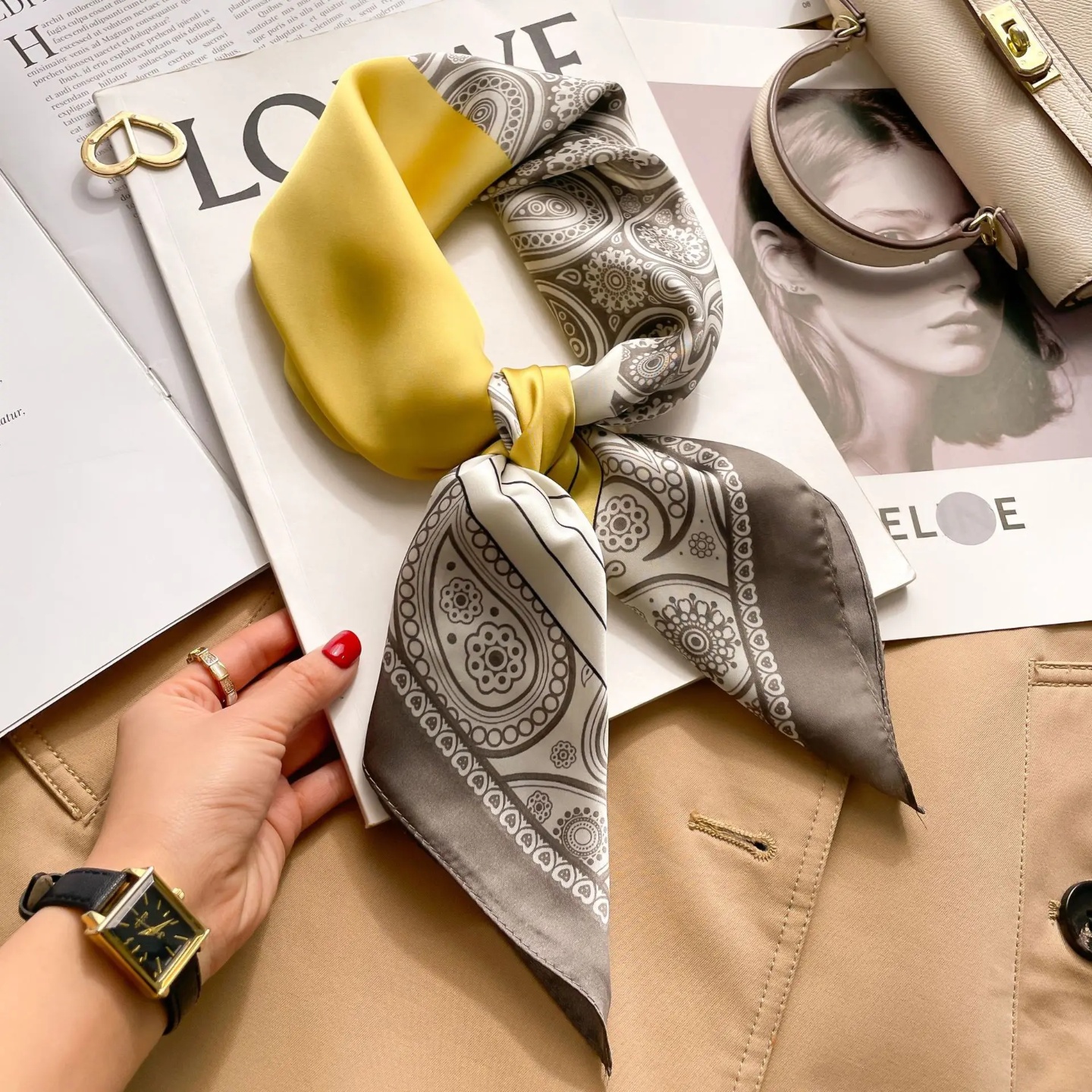 1pcs 70cm Houndstooth Printed Square Scarf For Women Silk C