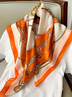 Orange Navy Blue Printed Square Scarf Thin Breathable Sunsc