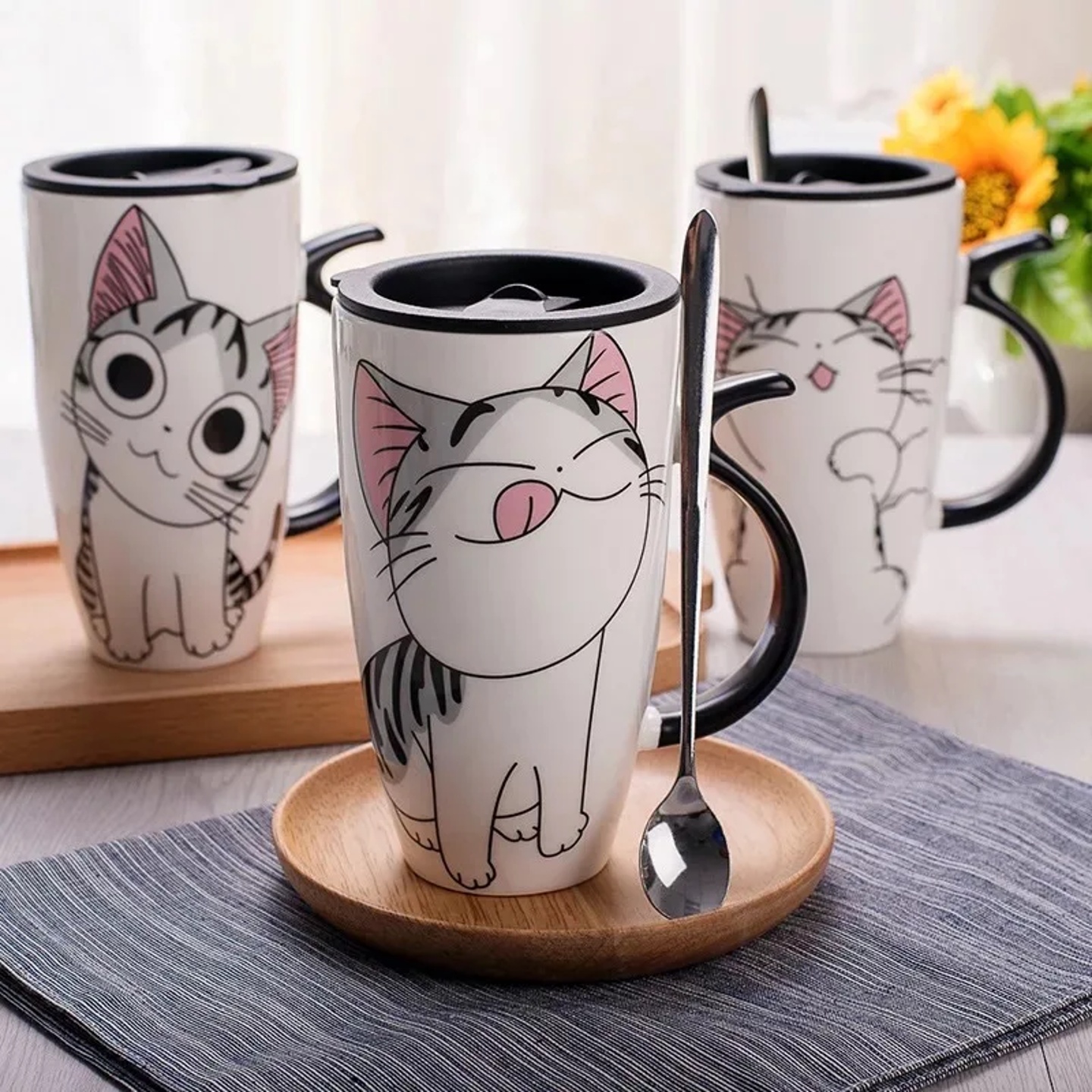 Drinkware 600ml Creative Cat Ceramic Mug With Lid Spoon Bee