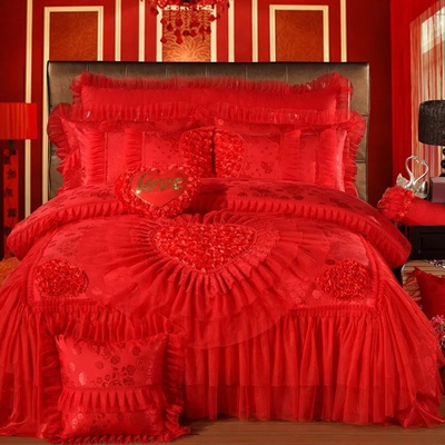 Red Pink Luxury Lace Wedding Bedding set King Queen Size Be