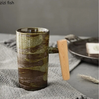 Ceramic Mug with Wooden Handle Coffee Cup Oatmeal Breakfast