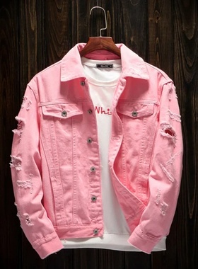 New Men's Jean Jacket Slim Fit Cotton Denim Jacket Red Whit