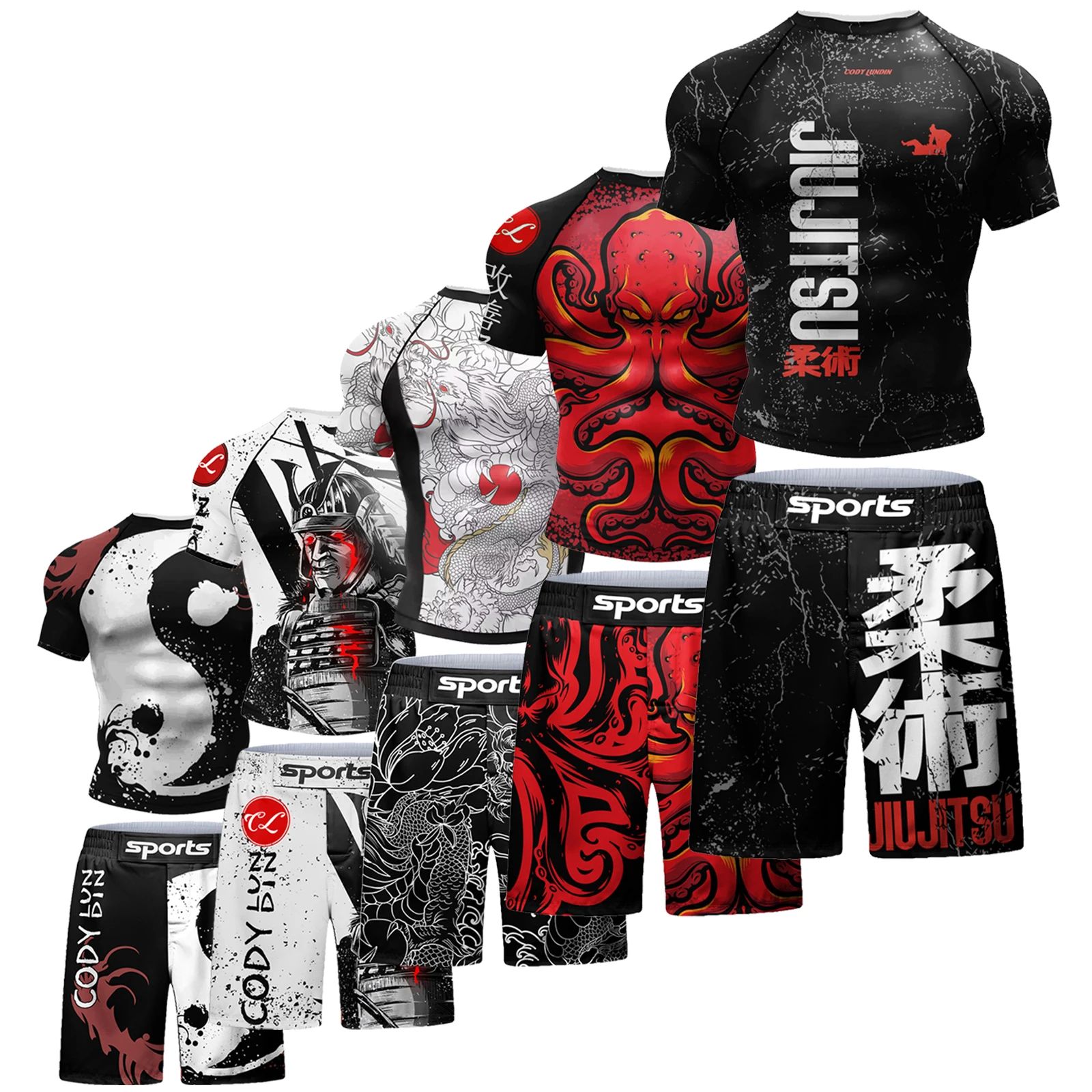 2 PCS Sports Suit Bjj Jiu jitsu gi Rashguard+MMA Shorts Muay