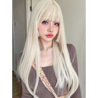 26Inch Blonde Platinum Golden Synthetic Wigs With Bang Long