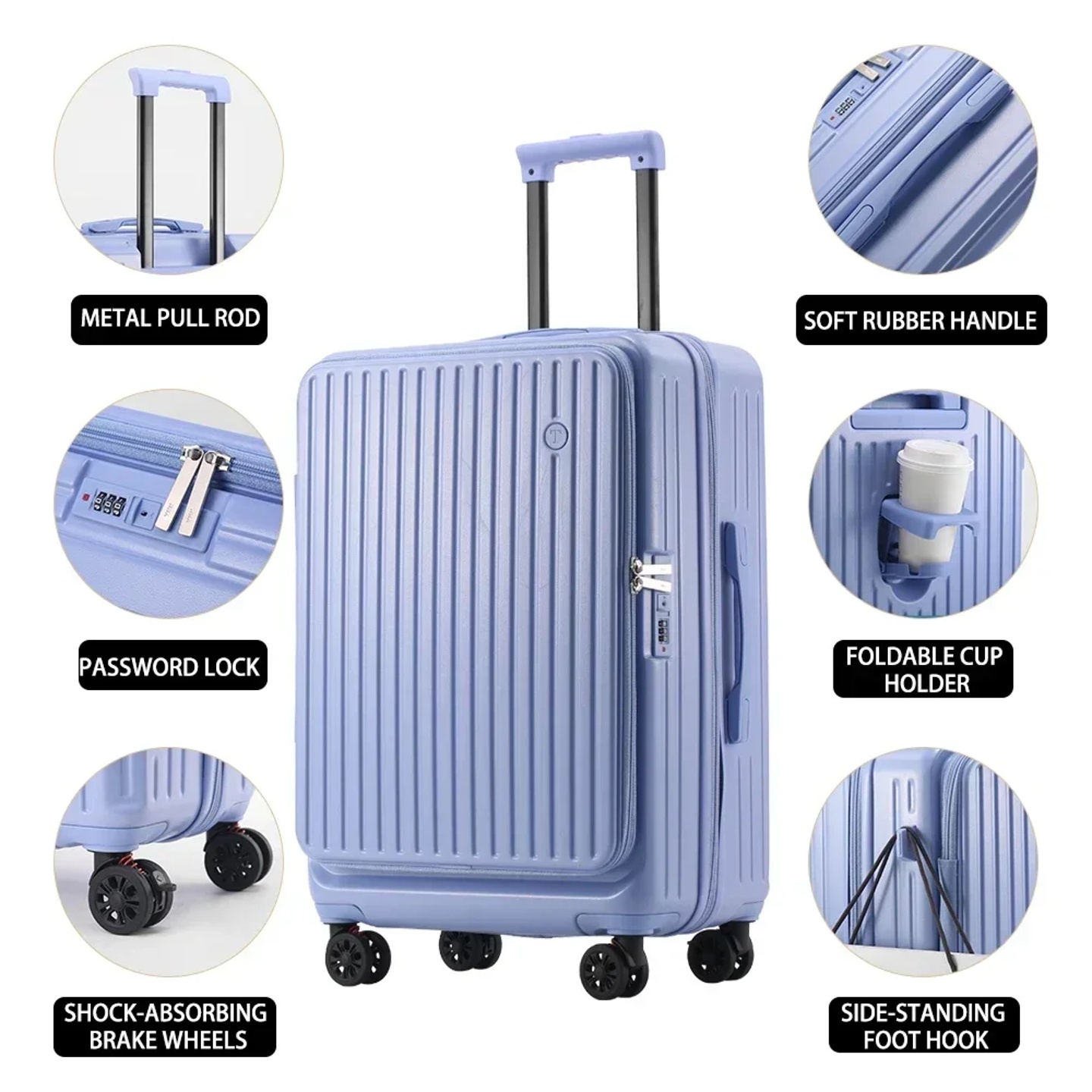Multifunctional Front Opening Expandable Suitcase with Cup