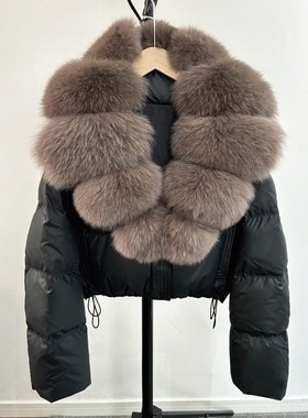 Janveny Large Natural Fox Fur Collar 90% White Duck Down Jac