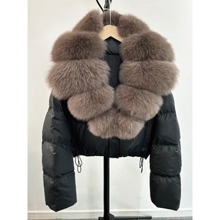 Janveny Large Natural Fox Fur Collar 90% White Duck Down Jac